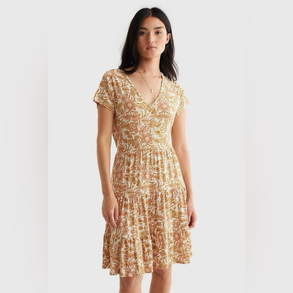 Lucky Brand Fall Leaves Printed Tiered Babydoll Dress  Womens Size Medium